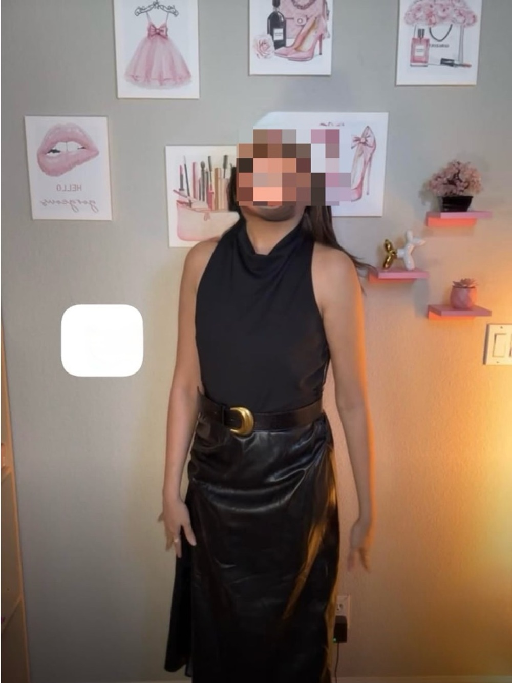 Donna Karan Black Sleeveless Cowl Neck Top with Faux Leather Skirt